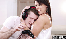 Horny petite MILF stepmom distracts and fucks gamer teen stepson