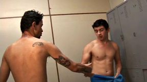 Gilson finishes his workout and heads to the locker room for a shower. After the shower, he meets a very hot guy who can't find his towel, and gives him his.