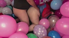 BBW spiderman cosplayer bent over and fucked from behind in huge balloon room