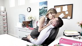 Skinny long legged nerdy secretary rides and sucks strong cock in the office