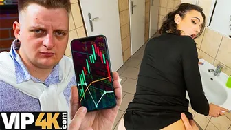 Hot brunette Charlotte Grey fucks a stranger in a public toilet