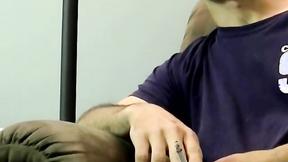 ”Unshaved amateur gay dude smokes & strokes his shaft solo”