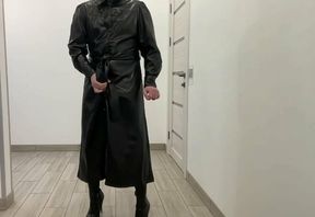 BDSM leather long maxi dress and overknee stiletto boots