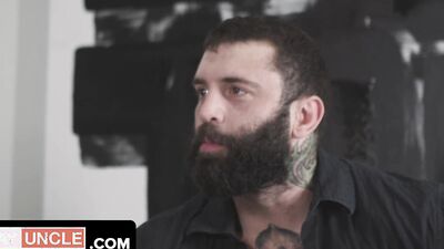 Bearded hunk bangs his stepson over a table after being blown