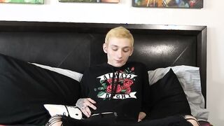 Interviewed twink Justin Stone oils up dildo after jerk off