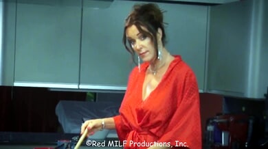 Rachel Steele in red lingerie teases her lover in the kitchen at dawn