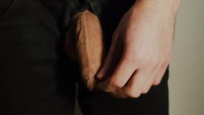 Thick uncut dick growing in black jeans  Natural foreskin  Cum on black plate