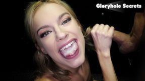 Babe at gloryhole slurps multiple big cocks