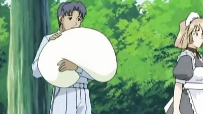 Watch this anime maid tease her massive tits & suck on them like a pro