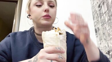 Blonde Slavic BBW stuffs herself with shawarma till her belly is stuffed and round