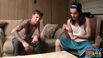 Tattooed straight guys tugging hard after strip poker