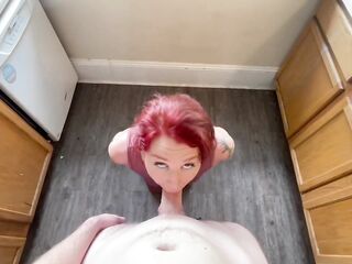 Roxan Reeves stops washing dishes to get a mouth pie in the kitchen blow job sloppy deepthroat blow job