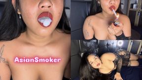 Smoking with red lipstick