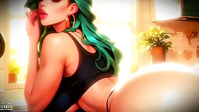 Green Hair Bimbo Slut Big Ass Tits Huge Cock Fantasy Kitchen (100% AI Generated)