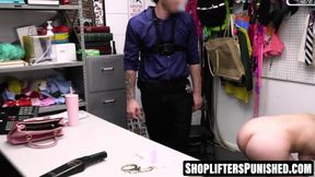 Blonde teen Aria Banks plays with dildo for her strict security officer