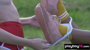 Petite ebony teen Nirmala Fernandes plays badminton with her Russian lesbian GF