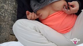 nippleringlover &ndash; milf pissing and playing with huge pierced nipples outdoors in snow