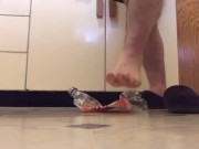 Crushing different bottles, first with slippers, then my barefeet
