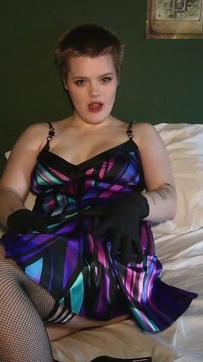 Satin Dress and Fishnet Stockings Masturbation with Nitrile Gloves Mov - Ezra Faith - Buzzcut Slut