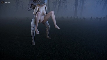 A monster with a huge dick fucks a blonde's throat in the forest and covers her body with sperm. VR