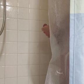 Daddy has a huge cumshot in gym shower