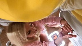 Her Tent - Hot real college girl makes a guy cum in a glory hole style tent by using different oil and cremes on balls and dick