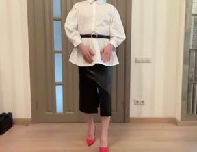 Office tranny secretary in leather midi pencil skirt and white shirt blouse ready to suck your cock and eat your cum