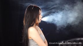 Asian Beauty Exhales Dense Cigarette Smoke Clouds with Glass Ashtray Tease 4K
