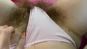 Hairy bush big clit masturbation leads to a wet panty climax