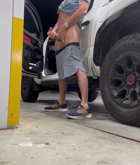Risky jerk off gas station public outside
