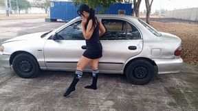 Roxan in stockings repairs car engine and pumps pedals with bare feet (3)