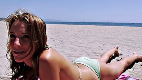 Kinky beach babe gets her bald pussy pierced, doggystyle and handjob in the sand