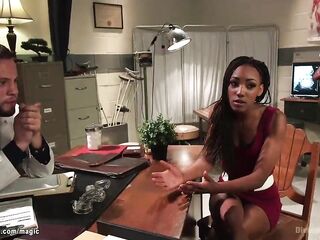Doctor Wolf Hudson makes skinny black wife Nikki Darling pegging cuckold Abel Archer in group-sex with doctor then banging large dong doctor