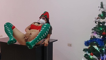 Stepmom secretary touches her tits and pussy for Christmas while in the office