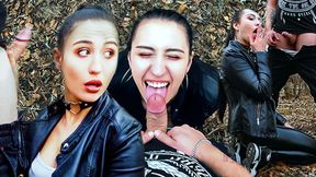 Outdoor Sucking and Mouthfucking with Cumdump for Dark Haired Cutie in Leather Outfit