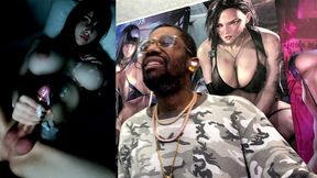 moody big breast transgender girl cumming on herself in the dark, ai generated