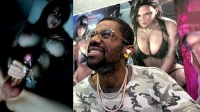 moody big breast transgender girl cumming on herself in the dark, ai generated