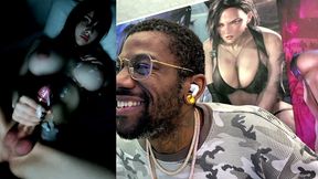 moody big breast transgender girl cumming on herself in the dark, ai generated