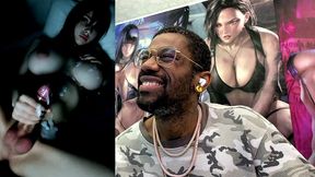 moody big breast transgender girl cumming on herself in the dark, ai generated