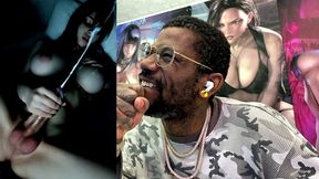 moody big breast transgender girl cumming on herself in the dark, ai generated