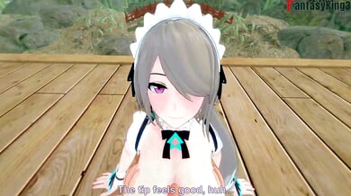 Rita in maid cosplay bends over wooden table for deep anime-style penetration