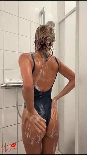 Clothed Shower in Swimsuit - Skinny Asian Wants You to Watch Her Petite Body in Soap Shower
