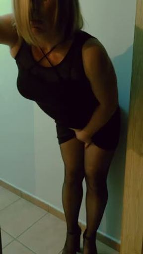 Sexy Blonde Crossdresser Black Mini Skirt Fishnet