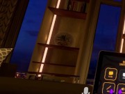 Rex in full latex suit jerks off in VRChat on couch.