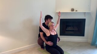 Thick blonde MILF doing yoga and fucking her stepson