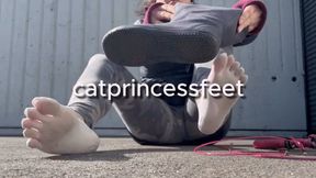 Jumproping feet in white toe socks and leggings, sock and boot removal, scrunched milf soles, high arches, long toes