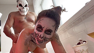 Spooky Slutty Skeleton gets Boned in Bubble Bath While Blowing Big Daddy’s Halloween Cock