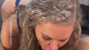 Blowjob in blue fringe lingerie with Footjob cumshot - slow motion bonus cumshot