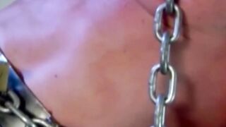 MuscleJockBound.com - Submissive man futilely struggles while in heavy chains, domina