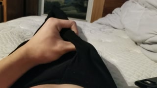 Femboy jerking off and cumming through leggings